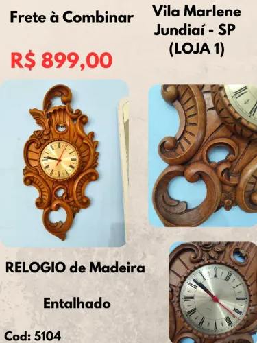 Relógio de parede madeira entalhado 