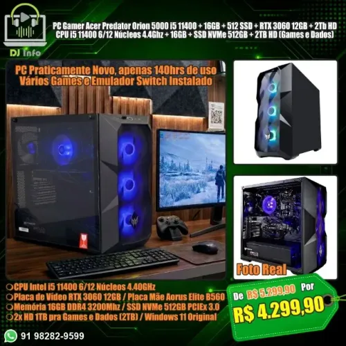 PC Gamer Acer Predator Orion 5000 i5 11400 + 16GB + 512 SSD + RTX 3060 12GB + 2Tb HD