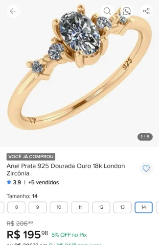Anel prata 925 banhado a ouro 18k novo