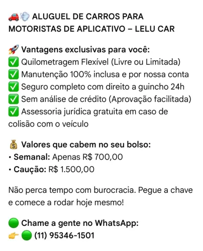 Locação para veículos de aplicativo (UBER)