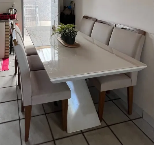 Mesa de Jantar 6 Cadeiras Retangular e Off-White Tampo de Vidro
