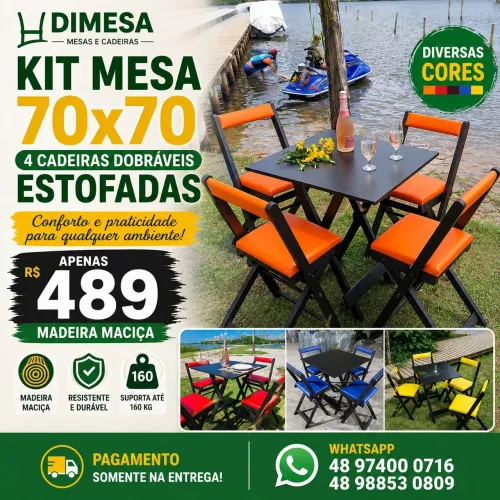 Conjunto estofado mesa 70x70 com 4 cadeiras dobráveis estofadas 