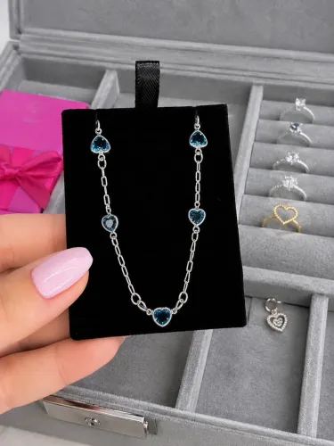 Pulseira de Prata legítima com corações azul Safira