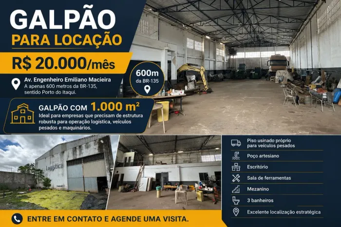 Galpão 1.000m² para Locação | 600m da BR-135 | Piso para Veículos Pesados