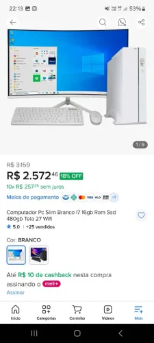 COMPUTADOR PC SLIM,BRANCO I7 16GB RAM,SSD 480GB TELA 27'