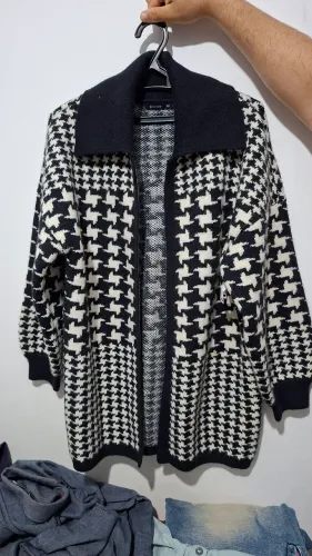 Cardigan Casaco Feminino Cortelle Pied-de-Poule Preto e Branco - Tam PP/P