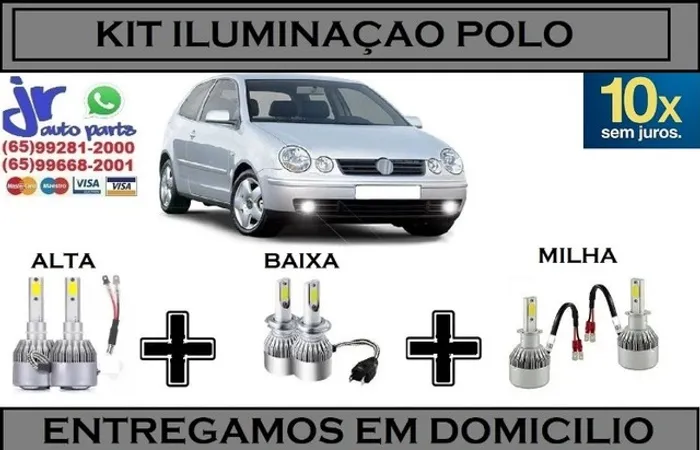 Kit Lampadas Ultra LED (Alta/ Baixa/Milha) VW Polo Hatch 2002/06 6000K 12V 24V