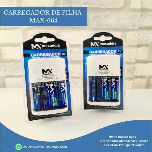 Carregador de pilha maxmidia com 4 pilhas 2100mah