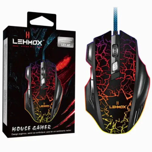 Mouse Gamer 3200 DPI USB com Iluminação Led RGB 7 Botões | LEHMOX LEY-A7