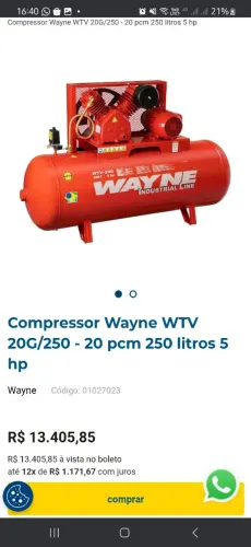 Compressor Wayne WTV 20G/250 - 20 pcm 250 litros 5 hp