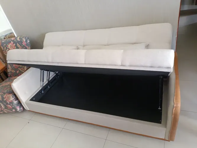 Sofá cama baú tecido linho bege ou cinza