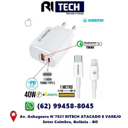 Kit Carregador Tomada Turbo Kimaster T110CL 40W QC PD para Iphone Branco