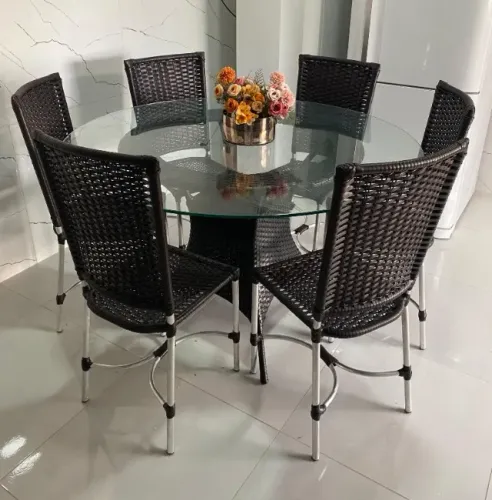 CONJUNTO DE JANTAR AMERICA, REDONDA, COM 06 CADEIRAS.