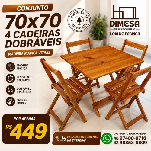 Conjunto completo mesa + 4 cadeiras madeira maciça com verniz