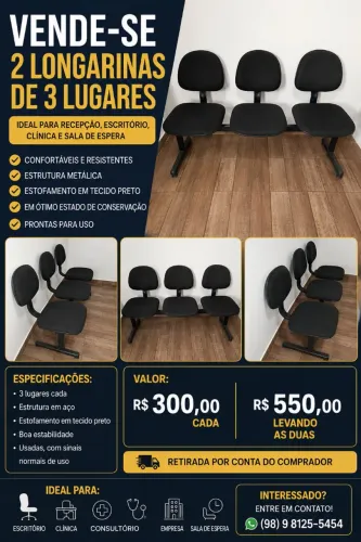 Longarinas de 3 Lugares para Recepção/Escritório - Ótimo Estado
