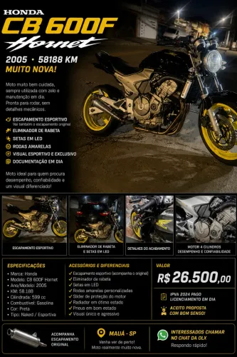 Honda CB 600F Hornet - Muito Nova | Rodas Amarelas | Escapamento Esportivo | Revisada