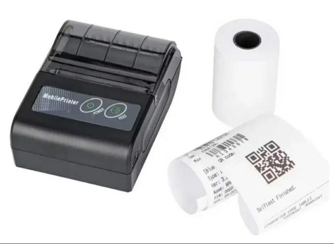 Impressora Bluetooth acompanha caixa com bobinas.