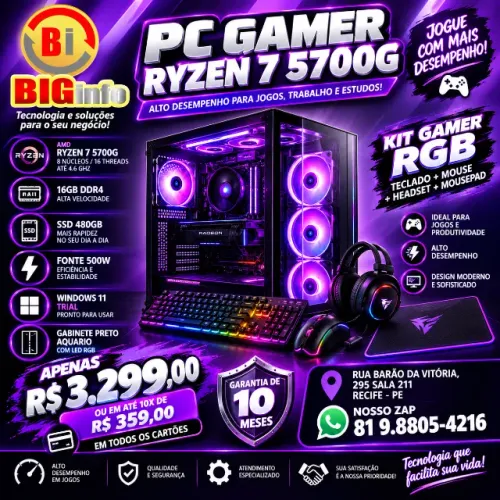 PC Gamer AMD Ryzen 7 5700G, 16GB DDR4, Placa vídeo Radeon, SSD 480 Fonte 500w - Em ate10x
