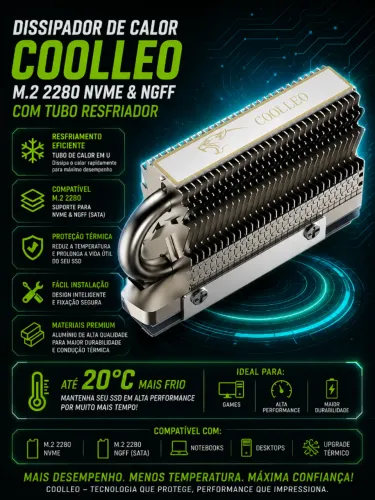 Dissipador De Calor Coolleo M.2 2280 NVME & NGFF Com Tubo Resfriador (NOVO/LACRADO!)