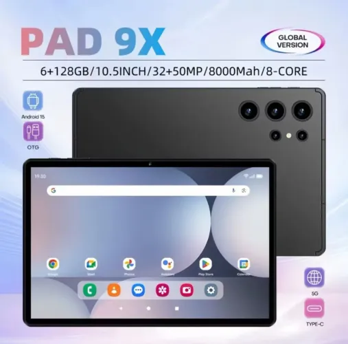 Pad 9X Tablet Android Tela Grande 10.5 FHD 6+128GB WiFi 5G Uso Trabalho Estudo 8000mah