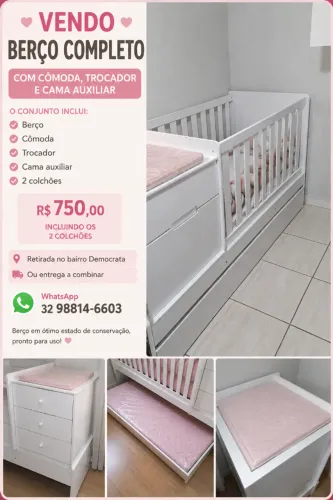 Berço completo, com cômoda, trocador e cama auxiliar