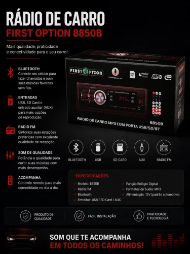 RÁDIO AUTOMOTIVO FIRST OPTION 8850B - NOVO NA CAIXA