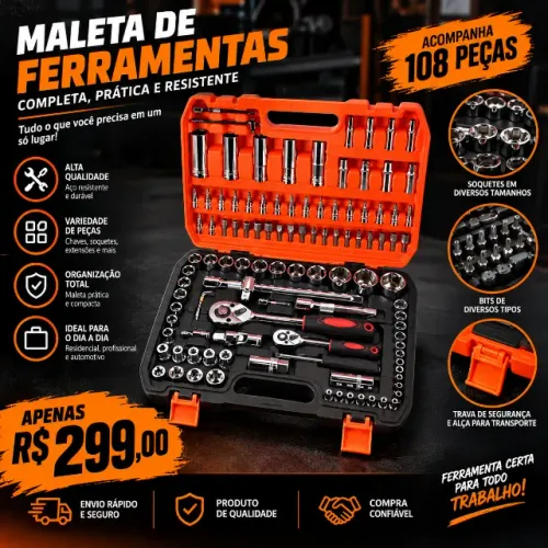 Maleta de Ferramentas Completa com Soquetes e Catracas - 108 peças