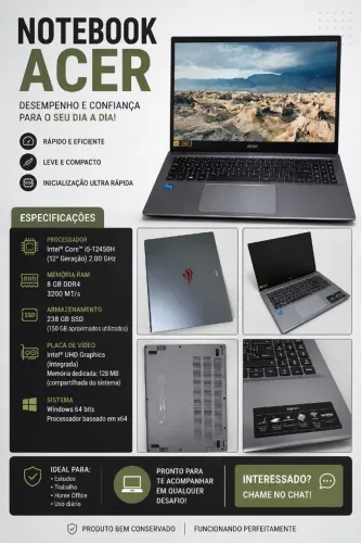 Notebook Acer Aspire 5 Intel Core i5 12a Geração 8GB RAM SSD 238GB Windows