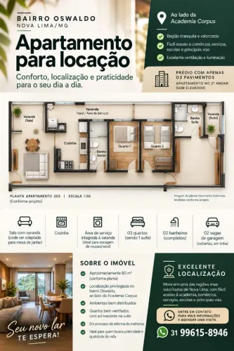Alugo Apartamento 3 Quartos com Suíte e 2 Vagas | Bairro Oswaldo - Nova Lima