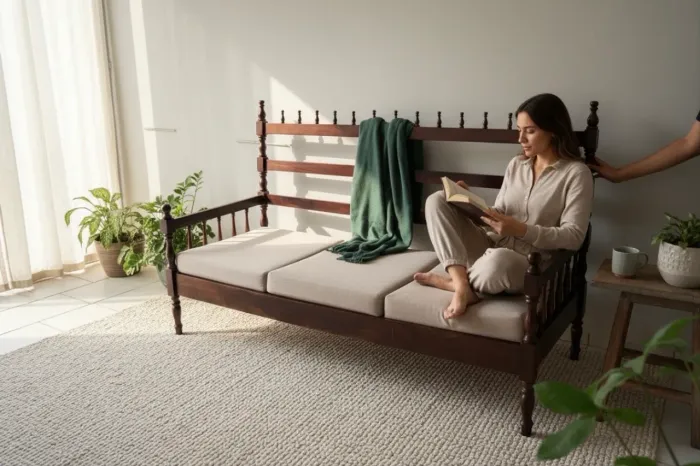 sofá design clássico e colonial, caracterizado em madeira maciça e detalhes ornamentais