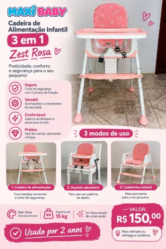 Cadeira De Alimentação Infantil 3 Em 1 Zest Rosa Maxi Baby