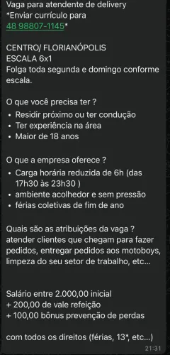 Vaga para atendente de delivery