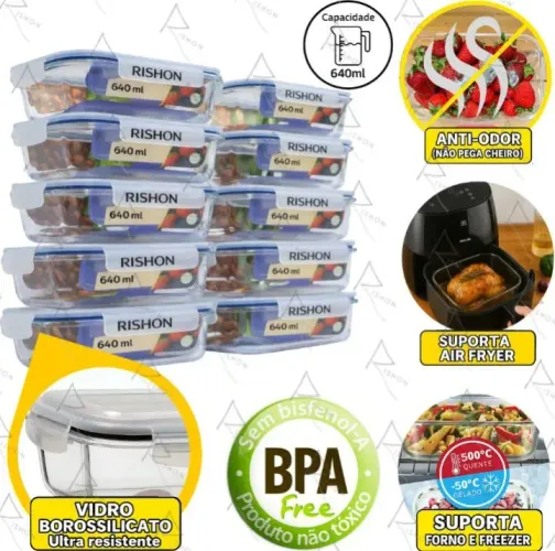 KIT 10 POTES HERMÉTICO 640ML ULTRA RESISTENTE DE VIDRO 