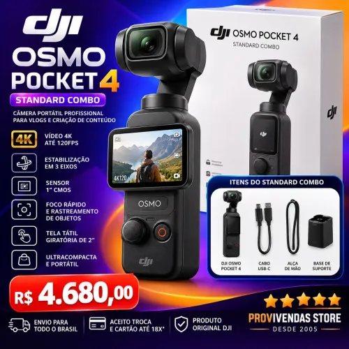DJI Osmo Pocket 4 Standard Combo Câmera Portátil 4K Estabilização 3 Eixos Para Vlogs<br>