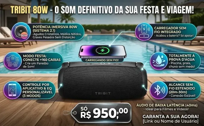 Caixa de Som Portatil, Potência de 80W + Powerbank Sem Fio