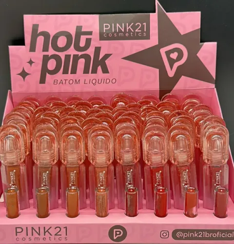 CAIXA COM 48 PEÇAS DE BATOM LÍQUIDO HOT PINK MARCA PINK 21<br>