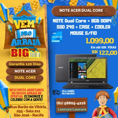 Notebook Acer Aspire E ES1 Intel dual core + 12GB DDR4 + SSD 240Gb - Em ate 10x Fixas