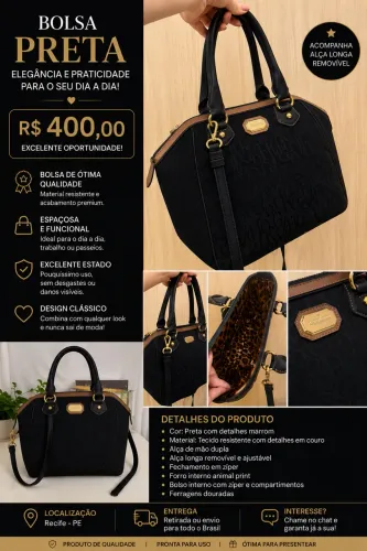 Bolsa Victor Hugo preta, elegante e espaçosa