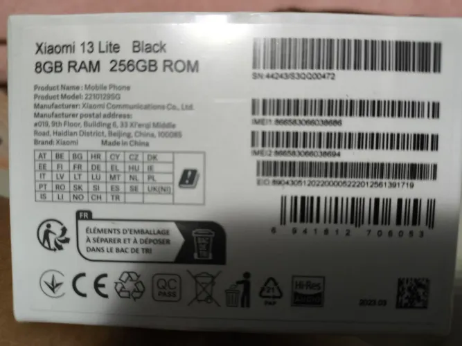 Xiaomi 13 Lite Black 8GB RAM 256GB ROM EID