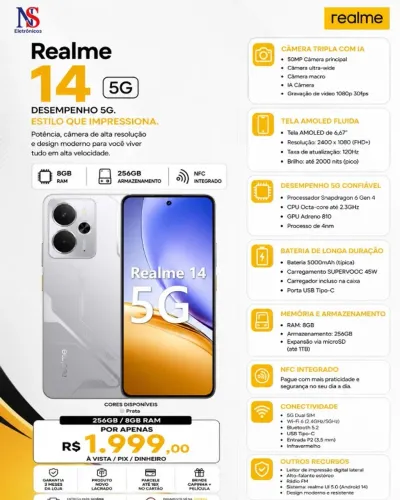 Realme 14 08gb/256gb 6.7 Prateado Preto Lacrado NFC Versao Global Entregamos