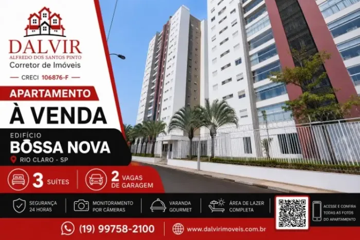 BOSSA NOVA - RIO CLARO/SP  Ap. sol da manhã alto padrão com 3 suítes e varanda gourmet!