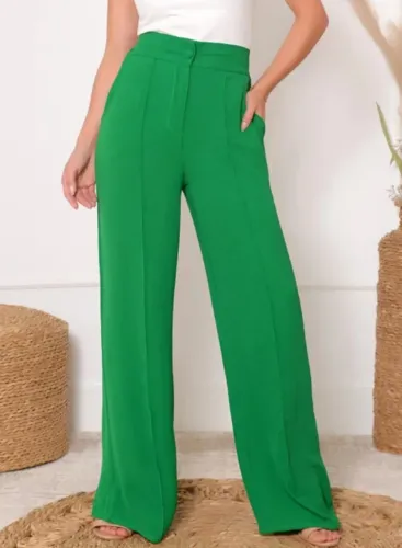 Calça Pantalona de Duna com Botão Verde Tam P