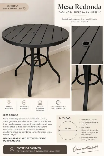 Mesa de piscina Redonda Preta 80 cm varanda