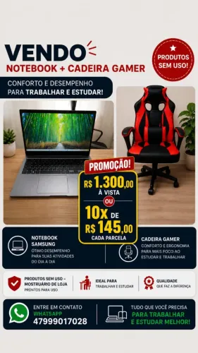 NOTEBOOK + CADEIRA GAMER NOVOS - Notebook Samsung- Book E20- Sem uso mostruário de loja