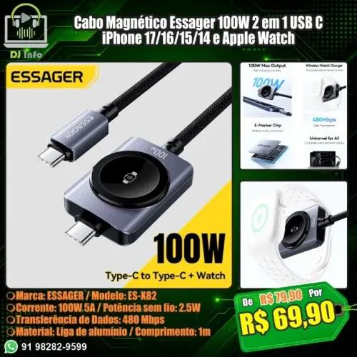 Cabo Magnético Essager 100W 2 em 1 USB C iPhone 17/16/15/14 e Apple Watch