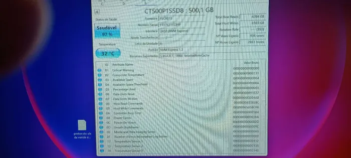 Ssd nvme crucial pouco usado
