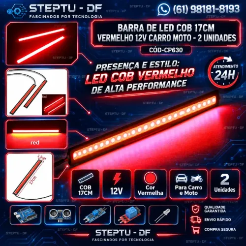 Led Barra Cob 17cm Vermelho 12v Kit 2Unid. Carro Moto Arduino Automação COD-CP630