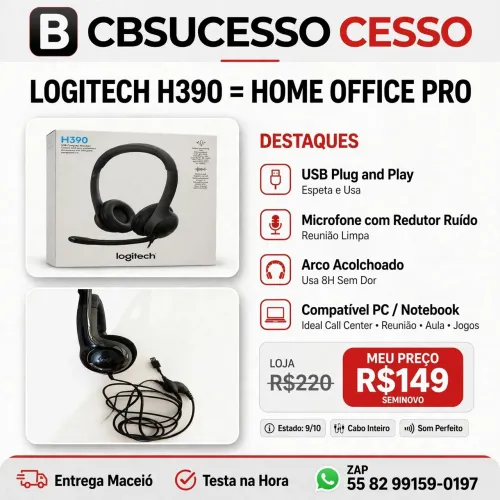 Headset Logitech H390 USB Microfone Fone Home Office R$149,99