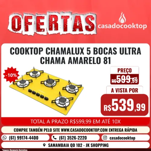 COOKTOP CHAMALUX 5 BOCAS ULTRA CHAMA AMARELO 81
