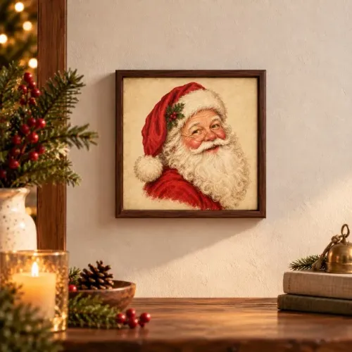 Quadro Decorativo Natal Vintage Papai Noel Com Moldura